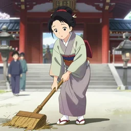 anime visual, full body portrait of a japanese woman in traditional clothes outside a temple sweeping the ground, cute face by ilya kuvshinov, yoshinari yoh, makoto shinkai, katsura masakazu, dynamic perspective pose, detailed facial features, kyoani, rounded eyes, crisp and sharp, cel shad, anime poster, ambient light