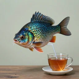 surreal photomanipulation of a supernatural fish drinking a cup of tea by a straw.