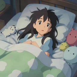 digital advanced anime art, girl laying in bed surrounded by plushies at night in the style of Makoto Shinkai —h 1089 —w 1920