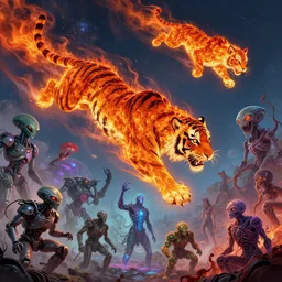 fire tiger flying in the sky ; fire cat flying in the sky ; fire panther flying in the sky ; humans being devoured ; aliens, robotic machines, gods, bio - mechanical intelligences, glitch creatures, dmt entity ; lsd art, trending on artstation, style greg rutkowski