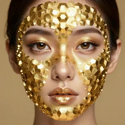 beautiful female face covered in gold octahedrons