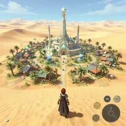 an isolated bustling religious warrior village with spiritual sacred alien architecture and light colors in the lush oasis of a vast hot sand desert, 3 rd person action adventure, let's play, walkthrough, screenshot, gameplay, final fantasy, square enix, jrpg, cutscene, unreal engine, 4 k, ultra high settings, rtx, next gen graphics, playstation 5