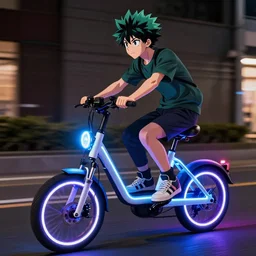 Izuku Midoriya riding a electric bike neon, Yoji Shinkawa