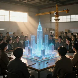 crowd of people in simple warehouse, looking at hologram of futuristic city on a table, cinematic concept art, godrays, golden hour, natural sunlight, 4 k, clear details, tabletop model buildings, center model buildings, hologram center, crane shot, crane shot, crane shot