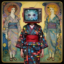 cute punk goth fashion fractal alien martian girl with a television head wearing kimono made of circuits and leds, surreal Dada collage by Man Ray Kurt Schwitters Hannah Höch Alphonse Mucha
