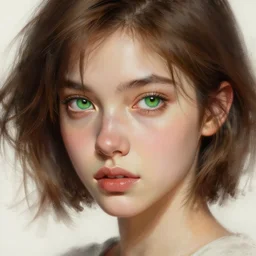 beautiful young woman, green eyes, short brown hair, digital painting, extremely detailed, 4k, intricate, brush strokes, Mark Arian, Artgerm, Bastien Lecouffe-Deharme
