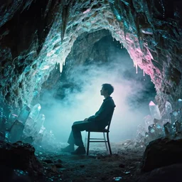 man on a chair, cave with crystals, glitter, volumetric light, foggy, moody, kodak photography, cyan and pink, paint splashes
