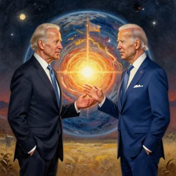joe biden creating the universe, by j. c. leyendecker and beksinski