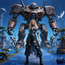 photorealistic portrait of cyborg girl by artgerm and agostino arrivabene, visually stunning, cinematic, ultra realistic, hyper realism, 1 2 k, epic, octane render, unreal engine, vfx, maya, japanese garden in a space fortress, edgewall inkeeper, silverwing squaldron, a huge rusting mech, crazy fashion catwalk, blue desert, a death metal album cover art