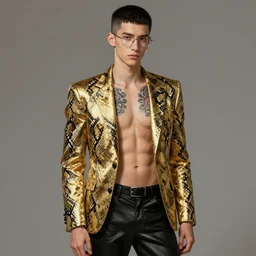 young skinny guy with eyeglasses, gold suit jacket in snake print, jacket over bare torso, yakuza tattoo on body, black short curtain haircut, black leather pants with black belt, portrait, elegant, 2d, ultra highly detailed, digital painting, smooth, sharp focus, artstation, art by Ilya Kuvshinov, rossdraws