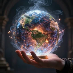 A hand holding a powerful wizards orb containing an apocalyptic vision, smoke electricity sparks emanate from the wizards orb, ultra high resolution, hyper realistic, intricate details, cinematic, award winning. Rendered with autodesk arnold unreal engine octane render Lumion Blender Maxwell.