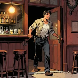 a beautiful comic book artwork of a man entering a bar, by Jerome Opeña, featured on artstation