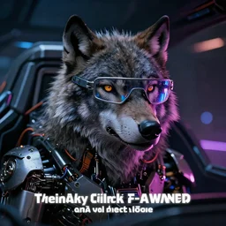 portrait of mechanical wolf with cyberpunk glasses in cockpit, reflective lens, caustics, bokeh, dust, mechanical parts, neon wires, dark fur, closeup portrait, editorial photography, award winning, establishing shot, dark mood, dark sci fi, vibrant tones, cinematic