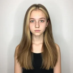 brunette with dyed blonde hair, 18 years old, 155 cm tall, flat ironed hair, green big eyes, small nose, small mouth, round shaped face, big forehead, lop eared, full body shot, photorealistic, thin eyebrows, faded look