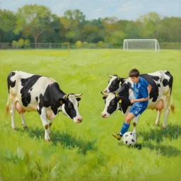 painting of soccer game played by cows