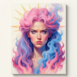 3 d, pink and blue smoke, sun rays, frown fashion model, poster art, flame, high detail, intricate oil painting, multiple exposure, black mood, glare, hyperrealism, 3 d, vogue cover style, by tooth wu and wlop and beeple and greg rutkowski