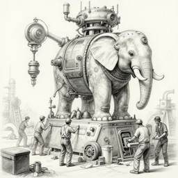 detailed pencil sketchs of workers working on a gigantic steampunk machine that creates robot elephants, art station