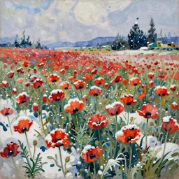 detailed expressionist oil painting by van gogh of a poppy field in winter, falling snow on a field with scattered red poppies, winter landscape painting, silent snowfall, expressionism, 8 k resolution, smooth, sharp focus, matte painting