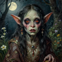 a beautiful but sinister and creepy goblin in layers of fear, with haunted eyes, violence in his eyes, 1 9 7 0 s, seventies, delicate embellishments, a little blood, woodland, moonlight shining on wildflowers, painterly, offset printing technique, by alexandre cabanel