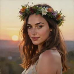 fine art oil painting of the beauty gal gadot, she is posing while maintain a sweet eye contact to the camera, she has a crown of flowers, the photo was taken at sunrise with a bokeh effect, by steve mccurry, photorealistic, matte painting, hyper realistic, 4 k, 8 k, cinematic composition, hd, highly detailed, trending on artstation