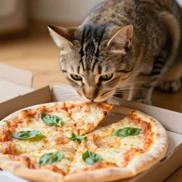 a cat eating a pizza