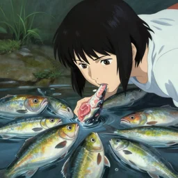 a visionary painting of fish eating human beings by junji ito, michael whelan, roger dean, bob eggleton, lisa frank, vladimir kush, kubrick, james gurney, giger