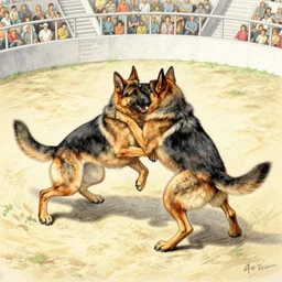 a humanoid german shepherd beast - man wrestling with another german shepherd in the middle of an arena, pencil art, added detail, high definiton, colored, aerial viewyoji shinkawa