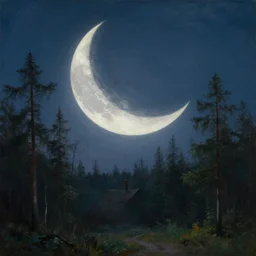 medium shot, cinematic, the giant crescent Moon in the sky, above the night forest, soft lighting, oil on canvas, by Perov, by Levitan, masterpiece, trending on artstation, cinematic composition, beautiful lighting, sharp, details, hyper-detailed, HD