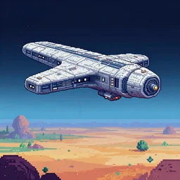 pixel art landscape of huge space ship flying in the air over on an alien planet, science team working on the ground, two suns in the sky, sunset, strange rock formations, rolling hills, artstation, deviantart