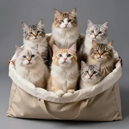 a highly detailed photo of multiple furry cats, they are inside a big bag, gray background, studio lighting, 4 k, 8 k