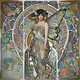 centered portrait, Ellen Paige as a D&D Pixie, black hair, butterfly wings on her back, Art Nouveau, beautiful retro Fantasy heroine 1985, intricate, elegant, highly detailed, centered, digital painting, trending on artstation, concept art, smooth, sharp focus, illustration, art by raphael lacoste, eddie mendoza, Mucha, alex ross, WLOP