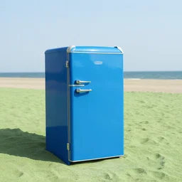 blue refrigerator on beach with green sand