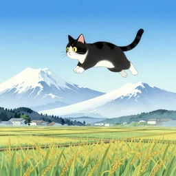 an 8 - bit flying cat leaping past snow - capped mountains and rice fields. japanese ukiyo - e.