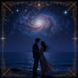 romantic couple sea and night sky with stars and galaxies, space sky ornate detailed background, unreal engine, trending on artstation, by rossdraws, thomas kinkade