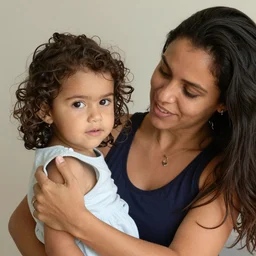 a portrait photograph of young, caring 3 5 year brazilian young mom, canon 8 5 mm f 1. 2 photograph