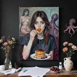 a portrait in a female artist's bedroom, black walls, girl eating pancakes, emo t - shirt, sheet music, berries, surgical supplies, handmade pottery, flowers, sensual, octopus, neo - expressionism, surrealism, acrylic and spray paint and oilstick on canvas