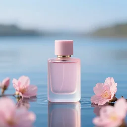 pink perfume bottle sitting on the middle of a blue lake, close up shot, upfront, surrounded by pink flowers, blurred blue sky backround, softly - lit, soft - warm, zen, light, modern minimalist f 2 0 clean