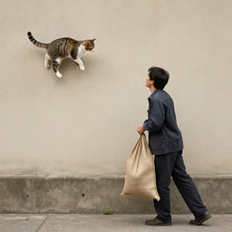 a man with a sack, ready to catch the cat on the wall