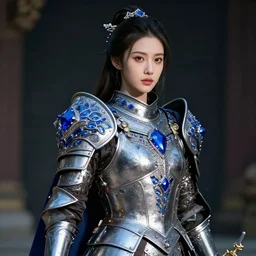 photo of a real-life beautiful warrior with sapphire encrusted armour, highly detailed, 4k