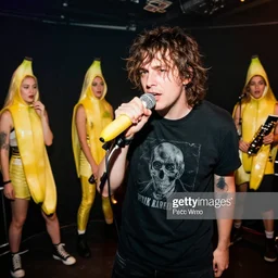 8 0 s punk rock band holding banana microphone, with banana costumed background singers, concert photo, getty images