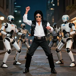 several robots doing michael jackson's thriller dance, photorealistic, night, street scene