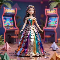 porcelain doll woman colorful reflective metal couture dress, silver coins, paper origami, video game arcade, tropical lighting, 3 d, very detailed, octane render, trending artstation, artgem