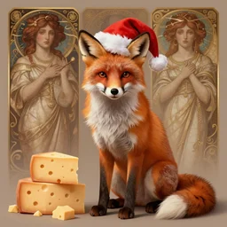 perfectly-centered-Portrait-full-shot of a fox, wearing a santa hat, sitting next to a pile of cheese, intricate, elegant, super highly detailed, professional digital painting, artstation, concept art, smooth, sharp focus, no blur, no dof, extreme illustration, Unreal Engine 5, 8K, art by artgerm and greg rutkowski and alphonse mucha and loish and WLO