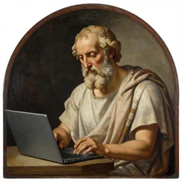 greek archaic painting of socrates reading wikipedia on a latop