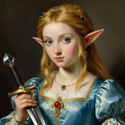 detailed baroque painting of princess zelda, from legend of zelda, as an elegant noblewoman, highy detailed face, soft silk dress, style of pino daeni, intricate, soft lighting, beautiful art, legend of zelda, master sword