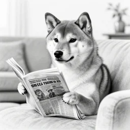 black and white skech portrait from a shiba inu sits in a living room while he reads the newspaper, pencil sketch