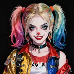portrait illustration by david rappeneau of an anime girl as harley quinn highly detailed anime eyes wearing streetwear clown suit lots of zippers, pockets, synthetic materials, jumpsuits by issey miyake and balenciaga 8 k