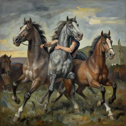horses entangled by jenny saville and patricia piccinini, jumping, running, struggle, wide eyes, motion, guernica