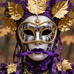 close up portrait of a mysterious humanoid, gold leaves, violet silk threads, venetian masks, mouth gags, fashion magazine, portrait photography, annie leibovitz, david lazar, 1 0 5 mm, in autumn, 8 k hd, detailed