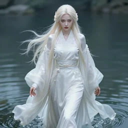 beautiful warrior lady wearing hanfu walking on water, platinum blonde long hair, shiny white skin, demonic eyes, low fantasy, extremely detailed, sharp focus, smooth, digital illustration, by rossdraws, frank franzzeta, sakimichan
